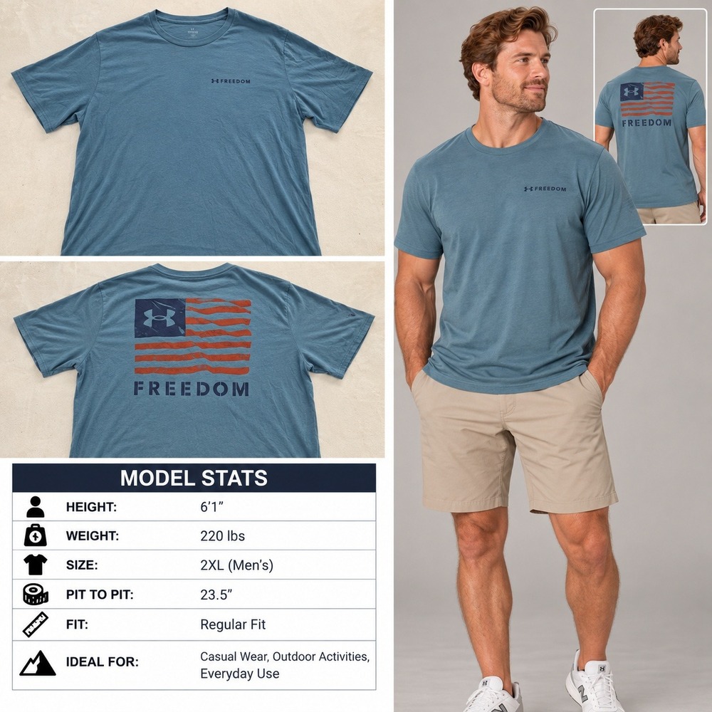 Under Armour Freedom Mens 2XL Blue Flag Graphic T-Shirt Loose Fit NEW